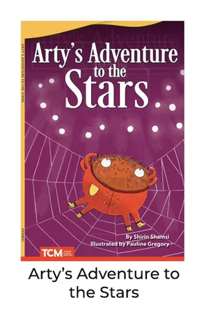 Book cover of Arty’s Adventure to the Stars: a spider swinging toward a starry sky