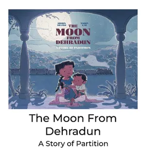 Book cover of The Moon from Dehradun: a girl holding a doll under a large moon