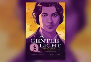 Cover of A Gentle Light, illustrated by Tara Anand, showing Noor Inayat Khan against a sky of planes