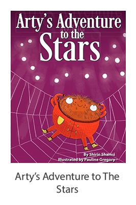 Book cover of Arty’s Adventure to the Stars: a spider swinging toward a starry sky
