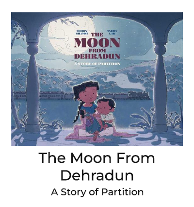 Book cover of The Moon from Dehradun: a girl holding a doll under a large moon